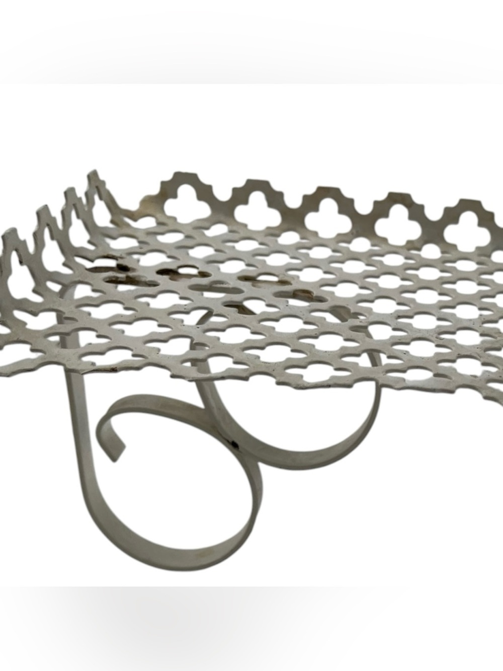 Vtg Small White Metal Mesh Quatrefoil Punched Clover Wall Shelf MCM Filigree